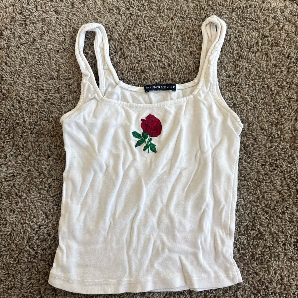 Brandy Melville White Camisole with Red Rose Embroidery